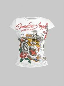 ROMWE Grunge Punk Y2K Retro Baddie Tiger Vine Faux Tattoo Print T-Shirt - White - View 1