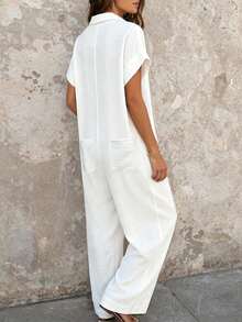 EMERY ROSE Casual Vacation Style White Linen-Feel Collared Short Sleeve Wide Leg Jumpsuit - Beige - View 2