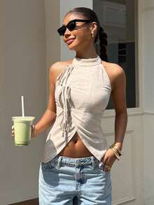 SHEIN EZwear Summer Tops Women's Office Outfits For Women Linen Tie-Up Turtleneck Backless Camisole With Sleeveless Backless Wrap-Around Asymmetrical Hemelegant Women's Blouses - Apricot - View 8