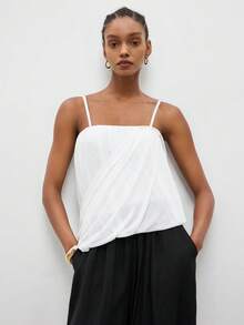 MAIJA Summer Elegant Solid Satin Cowl Neck Slip Cami Top - White - View 8