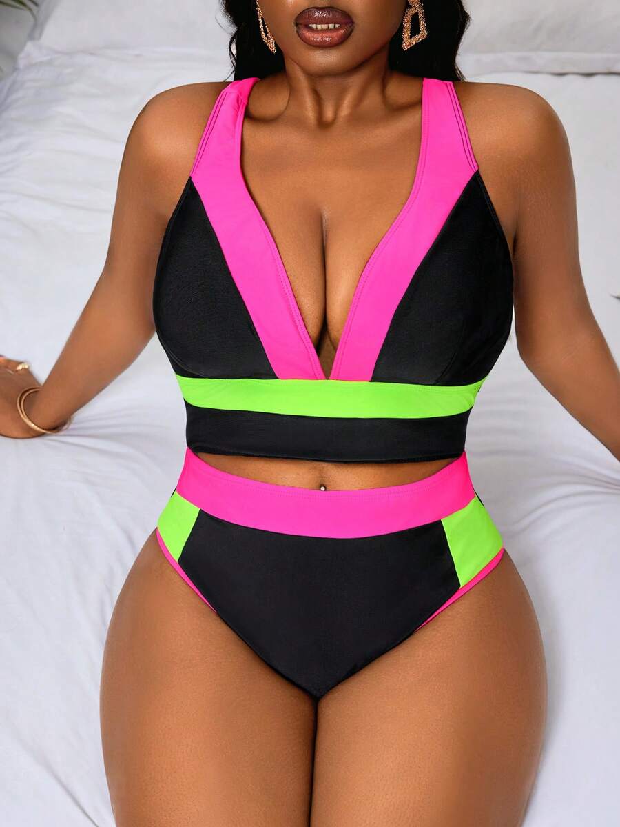 Slaydiva Plus Size Women's Simple Splice Thick Strap Swimwear Set, Suitable For Beach Vacation, Spring/Summer - Multicolor - View 1