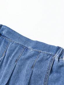 SHEIN 少女时尚复古可爱褶皱设计蓝色牛仔短裤，休闲度假风 - 藍色 - 查看 5