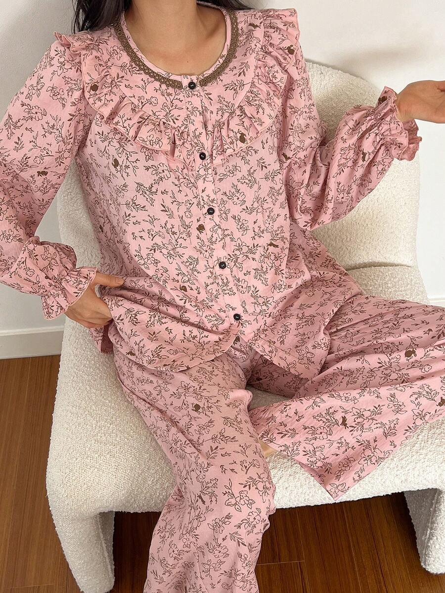 DAZY Spring Ditsy Floral Ruffle Trim Loose Women Pajama Set - Pink - View 1