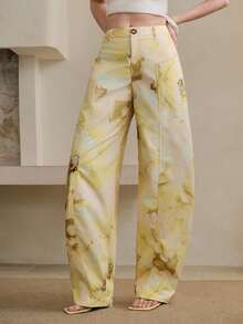 Arave Women's Jacquard Wide Leg Pants Vintage Floral Print High Waist Side Pockets,White Flower,Summer,Euro,Tea Party,Vacation,Holiday French Retro Dress - Yellow - View 4