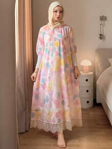 DAZY Women's Lace Patchwork Allover Print Tie Collar Nightgown - Pink - View 1