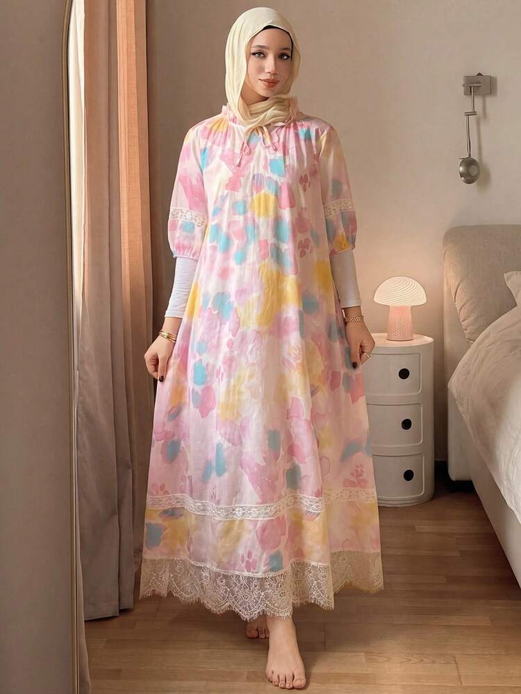 Women's Lace Patchwork Allover Print Tie Collar Nightgown