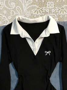 Franclia Áo thun dài tay phối màu dáng rộng, kiểu 2 trong 1, cỡ lớn. - màu đen - Xem 3