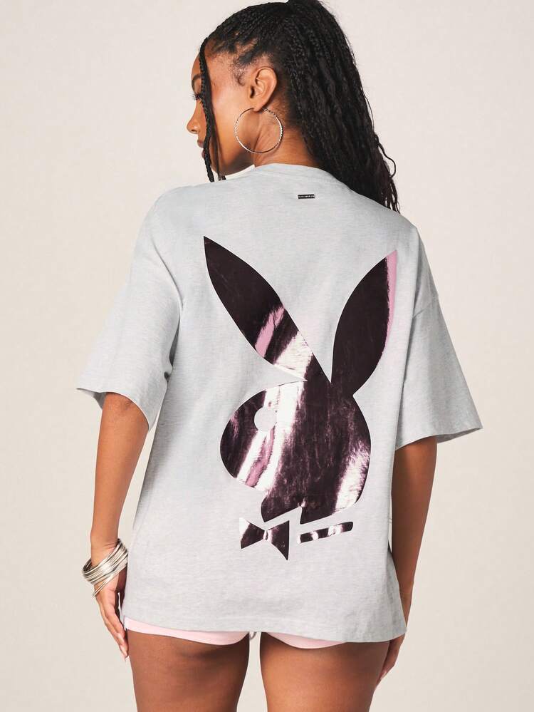 Missguided x Playboy Women's Metallic Foil Print Oversized Crew Neck Short Sleeve Cotton Blend T-Shirt With Bunny Logo Graphic Casual Streetwear Top