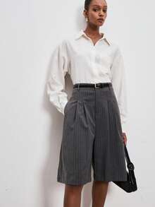 ATUI Studio 女士休闲通勤褶皱条纹短裤，夏季 - 灰色 - 查看 1
