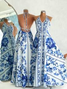 GlowEve 女士优雅刺绣收腰无袖短连衣裙，夏季 - 藍白色 - 查看 2