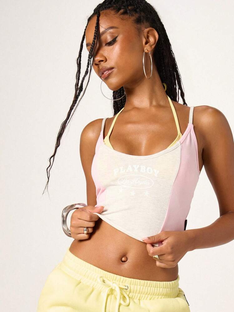 Missguided x Playboy 대비 패널 캐미솔 탱크탑 컬러블록 스파게티 스트랩 민소매 여름 캐주얼 캐미 빈티지 Y2K 스타일 크롭탑