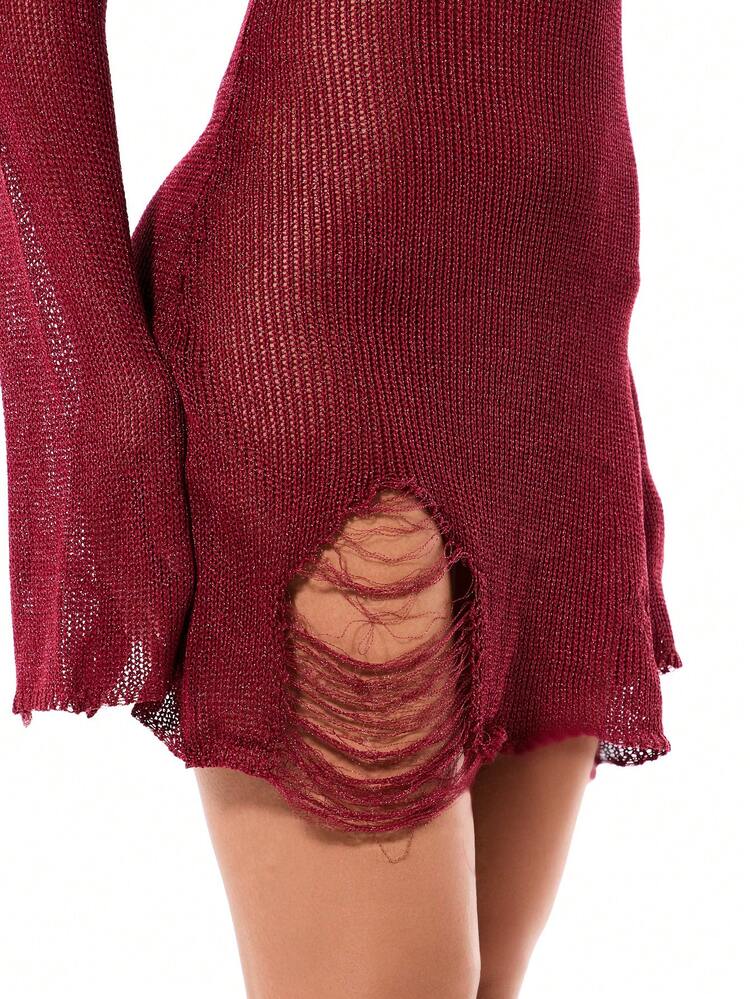 SUMWON WOMEN Burgundy Off Shoulder Crochet Knit Mini Dress