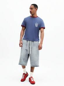 SUMWON Men's Slim Fit Ringer T-Shirt With Crew Neck Short Sleeves And Italia 10 Chest Print Casual Summer Style - Blue - View 3