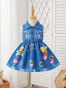 SHEIN 1件女婴翻领纽扣无袖牛仔印花卡通动物图案可爱时尚百搭复古浅蓝色休闲连衣裙，带假口袋，夏季新品 - 淺色水洗藍 - 查看 11