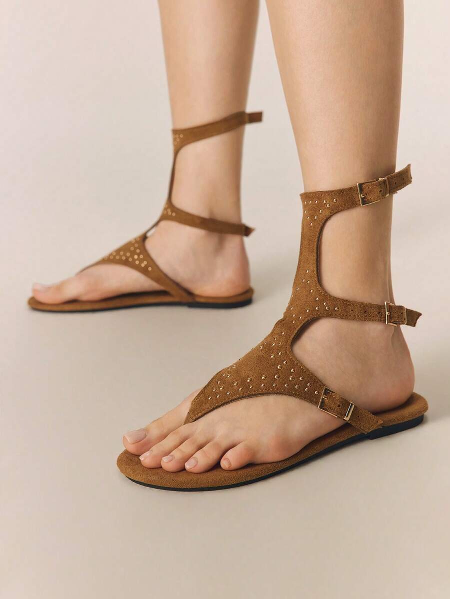 Styleloop New Sexy One-Buckle Roman Sandals, Women's Rivet Bohemian Flat Shoes, Brown Holiday Travel Essential Boho Cowgirl Outfit - Brown - View 1