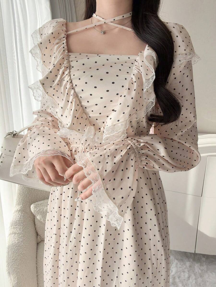 FRIFUL Đầm nữ cổ vuông, dây chéo trang trí, họa tiết chấm bi toàn thân, tay loe, tay dài, dáng chữ A, thích hợp mặc mùa hè. - Màu be - Xem 1