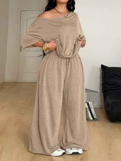 Coolane Women's Plus Size,Spring/Summer Minimalist Streetwear Basic Daily Wear Going Out Sport Comfortable Off Shoulder T-Shirt And Wide Leg Sweatpants Two Pieces Outfits, Summer Outfits