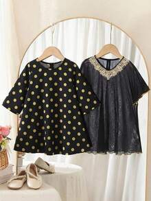 SHEIN 女婴优雅奢华黑色网纱波点长袖连衣裙配长外套套装 - 彩色 - 查看 3