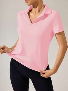 SHEIN Sports 1件纯白色V领网球/高尔夫女士运动Polo衫 - 粉色 - 查看 2