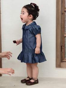 Dazy Kids Áo không tay cổ bẻ bằng vải denim mài cho bé gái kiểu Hàn Quốc - Màu xanh lam - Xem 5
