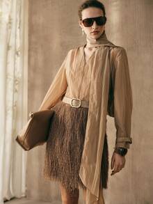 Arave Women's Knit Fabric Fringe Fluffy Waist-Cinched A-Line Casual Design Modern Party Elegant Date Night Midi/Skirt - Camel - View 2