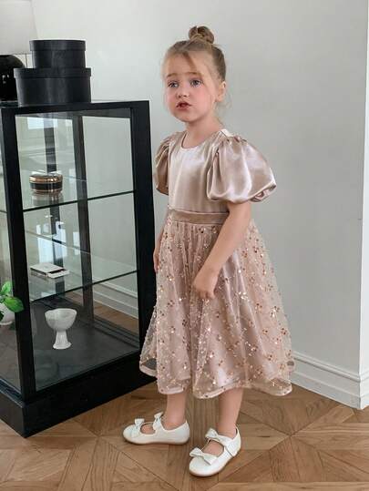 DAZY Young Girls Round Neck Fluffy Korean Style Mesh Sequin Fresh Dress