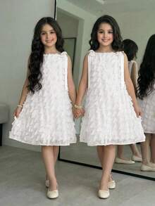 Vestido sin mangas ajustado con flores 3D tejidas para niña preadolescente - Blanco - Ver 5
