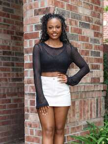 Steph T 女士口袋洗水牛仔迷你 A 字裙，休闲百搭 - 白色 - 查看 4