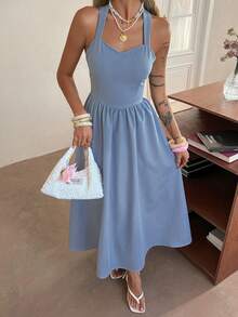 DAZY Women's Summer Backless Denim Dress, Casual Vacation Style - Light Wash - View 3