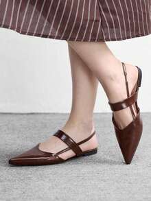 CUCCOO BIZCHIC Women's Pointed Toe Brown Patent Leather All-Match Commuter Versatile Daily Minimalist One-Strap Backless Flat Shoes - Brown - View 3