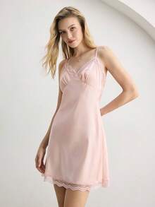 Ocili Women's Lace Ruffle Casual Everyday Camisole Nightgown - Pink - View 5