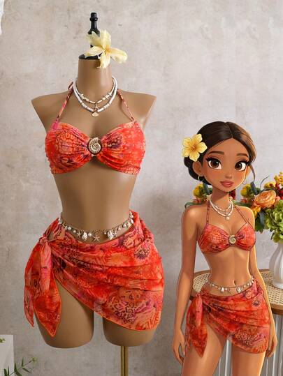 Bellisia Conjunto de 3 piezas de traje de baño y pareo de estilo vacacional y elegante con estampado de leopardo, cuello halter, para playa y fiesta. Nuevo diseño de estilo retro y campestre para el verano.