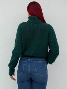 Bearsaez 罗纹针织高领落肩毛衣、长袖上衣 - 墨綠色 - 查看 2