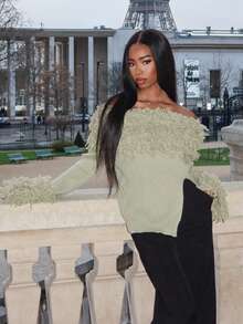 Mima John Autumn/Winter New Distressed Off-Shoulder Fringe Sweater For Women,Christmas Sweater - Green - View 4