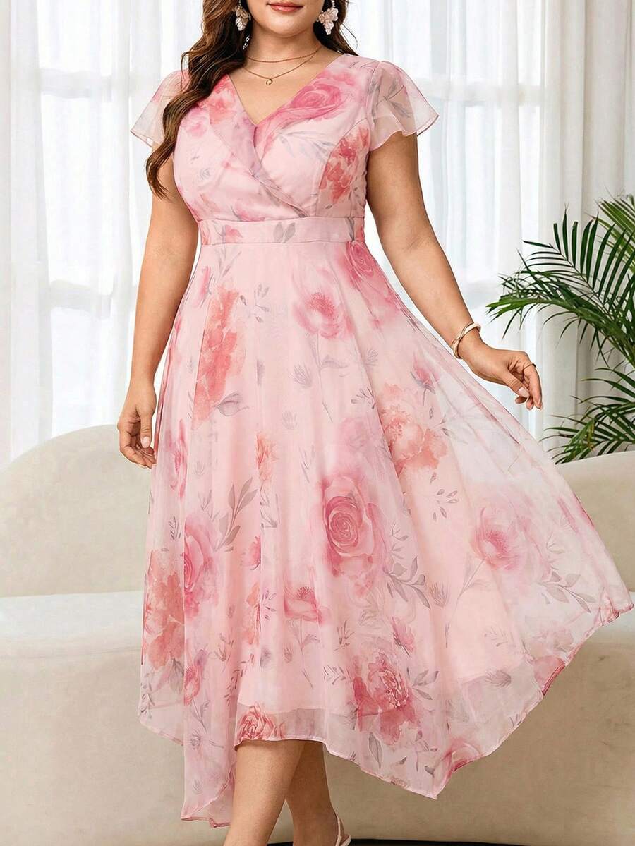 Reflora 大码女士优雅印花连衣裙，夏季婚礼宾客礼服 - 珊瑚粉 - 查看 1