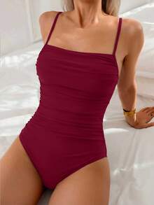 Swim Lushoire Women's Solid Color Spaghetti Strap Fitted One-Piece Swimsuit, Summer One Piece Swimsuit One Piece Bodysuit - Burgundy - View 3