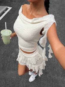 Muchica Apricot Knit Lace Top & Skirt 2 Pieces Set - Khaki - View 5