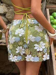 Aloruh 优雅浪漫度假风水溶性刺绣半身裙，适合音乐节、演唱会、复活节、圣帕特里克节、狂欢节、办公室女装、外出、约会之夜、演唱会服装、沙滩裙、Y2K风格、绿色半身裙 - 彩色 - 查看 3