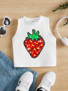 SHEIN Young Girl Casual Cute Sweet Textured Strawberry Pattern Sleeveless Round Neck Tank Top, Cream White, Vacation Vibe, Summer Fruit, Suitable For Summer, Vacation, Daily Wear, Valentine's Day - Multicolor - View 2