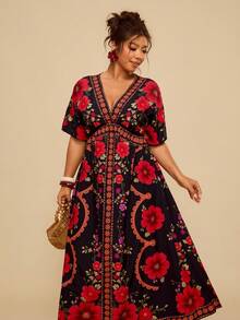 Travachic 大码女式V领碎花优雅收腰约会派对连衣裙 女式大码连衣裙 女式夏季连衣裙 女式连衣裙 - 彩色 - 查看 6