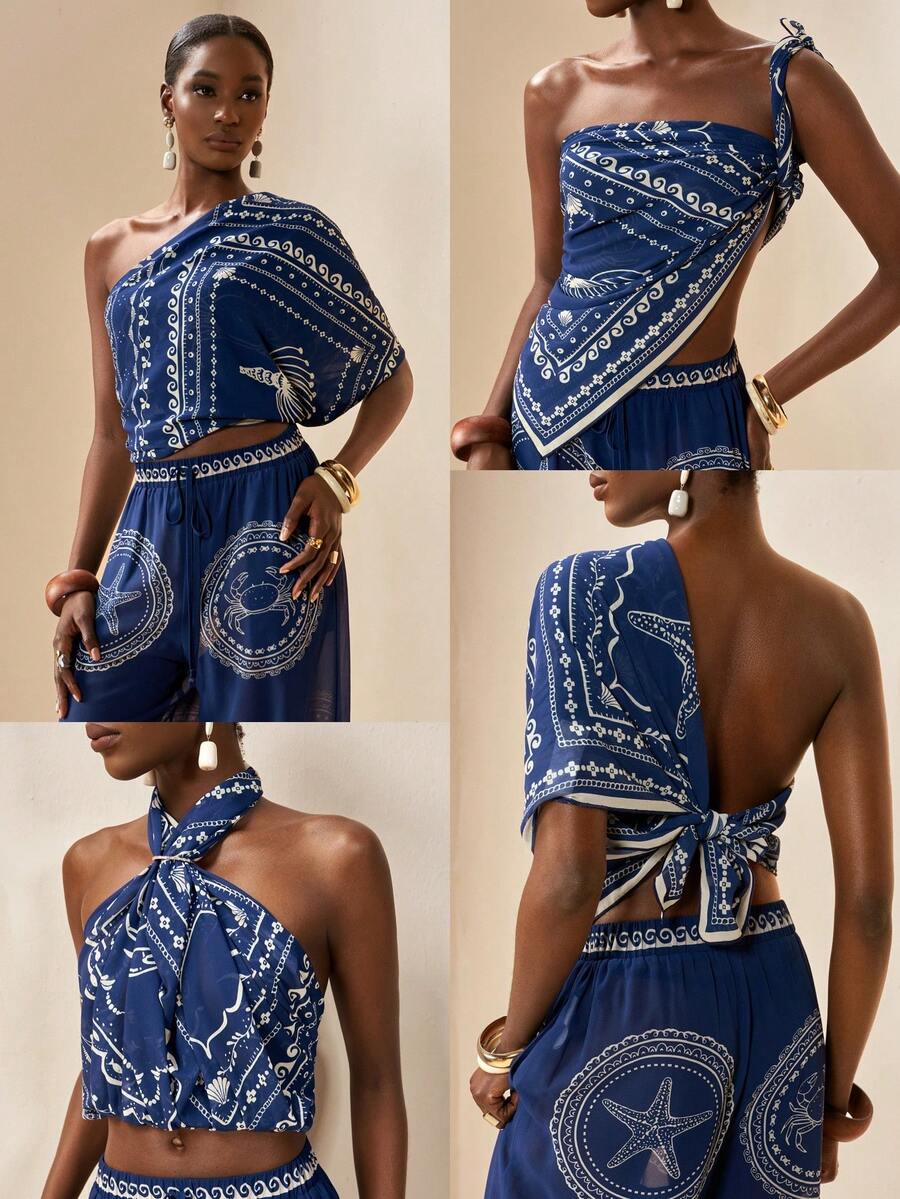 Zivah 2026 Women's Vacation Casual Beach Sheer Chiffon Special Underwater Animal Print Kaftan - Blue - View 1