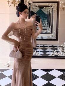 DAZY 优雅纯色露肩褶皱中长连衣裙，适合春夏穿着 - 杏色 - 查看 8