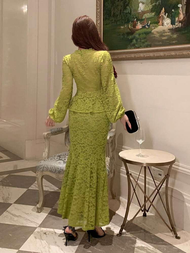 Women's Elegant Textured Fitted Top And Long Skirt 2 Pieces Set, Spring/Summer