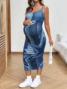 SHEIN 孕妇时尚星形印花紧身吊带连衣裙，夏季 - 藍色 - 查看 5