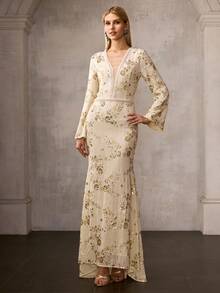 MOTF Soiréza Đầm cocktail tay chuông xòe rộng, đính sequin và hạt cườm, kiểu đuôi cá, thanh lịch, thích hợp cho mùa xuân/hè. - Màu be - Xem 5