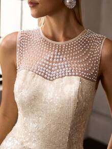 MOTF Soiréza ELEGANT FAUX PEARL & CONTRAST SEQUIN EMBELLISHED PARTY DRESS, SPRING/SUMMER - Apricot - View 2