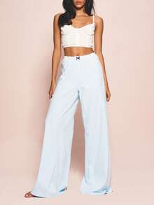 MISSGUIDED Women's Lace Trim Wide Leg Palazzo Lounge Pants High Rise Elastic Waistband Comfort Sleepwear Relaxed Fit - Baby Blue - View 1