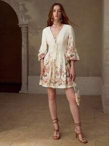 MOTF PREMIUM VESTIDO CASUAL DE MUJER DE MEZCLA DE LINO CON ESTAMPADO FLORAL, CUELLO EN V Y MANGA MEDIA - Multicolor - Ver 7