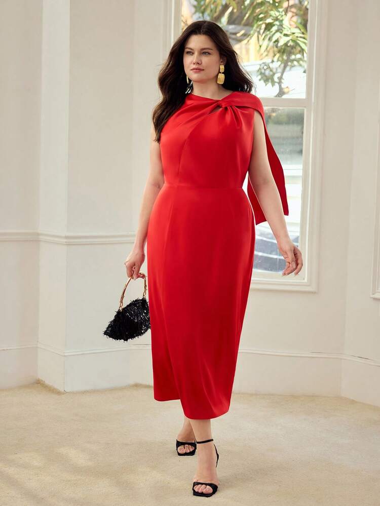 PLUS SIZE WOMEN'S TWIST SHOULDER SLEEVELESS LONG DRESS FOR CASUAL DATES, SPRING/SUMMER