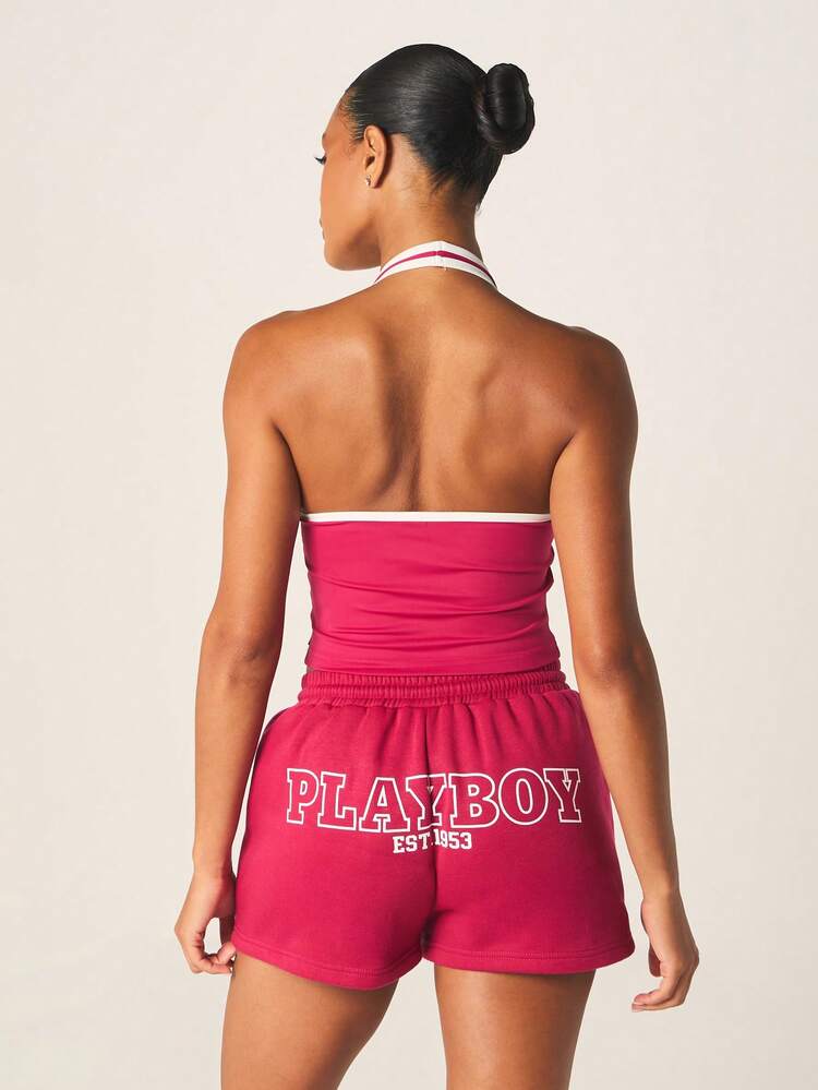 Missguided x Playboy Women's Pink Halter Neck Tank Top With White Contrast Binding And Logo Print For Summer Casual Streetwear